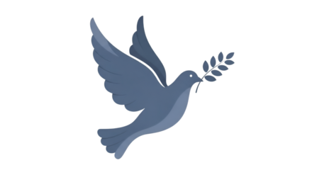 Stylized blue dove gracefully flies, holding an olive branch in its beak, symbolising serenity.