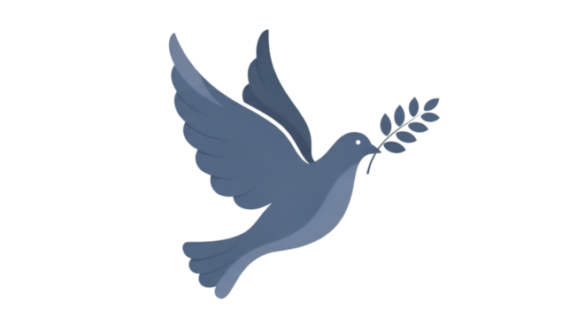 Stylized blue dove gracefully flies, holding an olive branch in its beak, symbolising serenity.