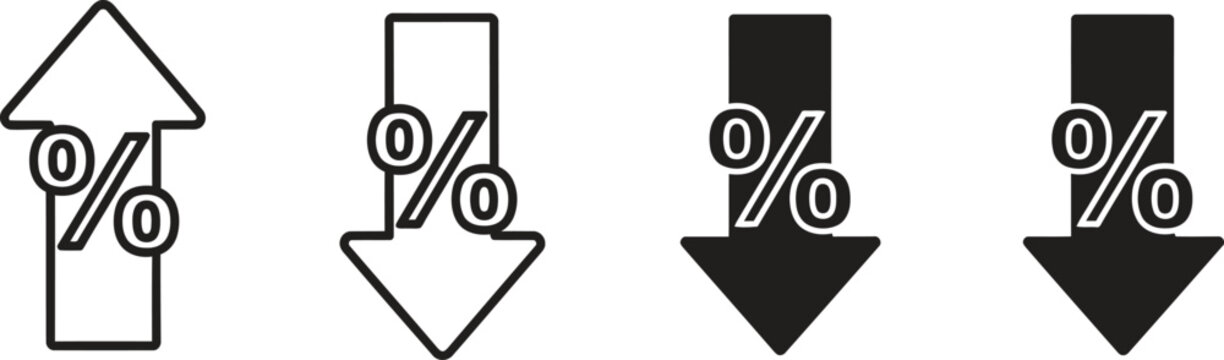 Four arrows showing percentage increase and decrease with solid and outline styles