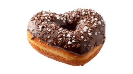 Chocolate pumpkin donut with chocolate glaze and sugar sprinkles in the form of a heart isolated on a white background