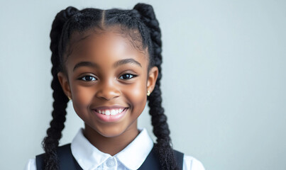 African schoolgirl dressed in uniform on light background with copy space, generated AI
