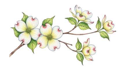 Fototapeta premium Elegant dogwood blossoms watercolor illustration on branch on transparent background