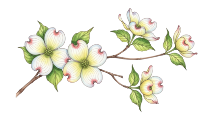 Elegant dogwood blossoms watercolor illustration on branch on transparent background