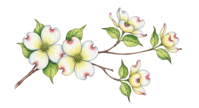 Elegant dogwood blossoms watercolor illustration on branch on transparent background