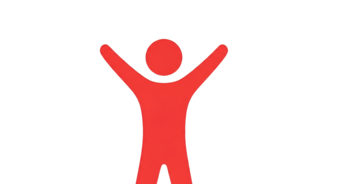 Vibrant red figure with arms raised on stark black background depicts joy and victory symbolically.