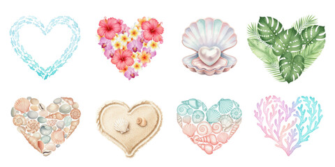 Watercolor Set of Tropical Summer Hearts Made of Natural Elements