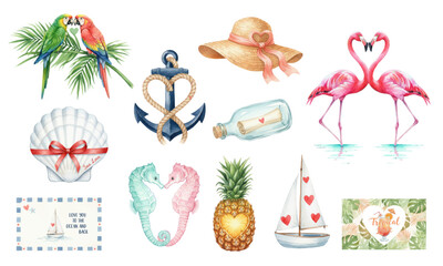 Fototapeta premium Watercolor Tropical Love and Summer Vacation Clipart Collection