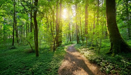 Fototapeta premium sunlit forest path lush green canopy and bright sunlight