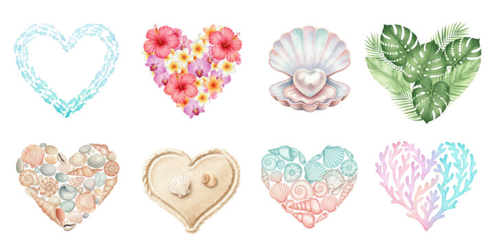 Watercolor Set of Tropical Summer Hearts Made of Natural Elements - Powered by Adobe