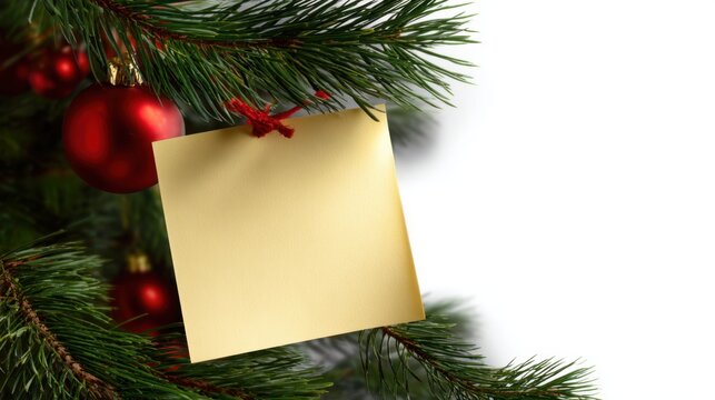 Christmas sticky note. Yellow post-it note hanging on a christmas tree with a white background. the note is empty and ready for writing, in close-up.