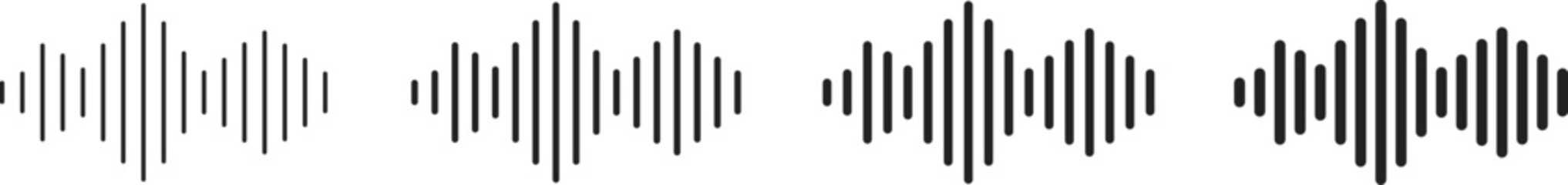 Sound wave icon set. Audio Wave and Music Frequency Symbols. Audio Equalizer and Volume Level Interface. Voice Recording and Live Broadcast Waveform Symbols