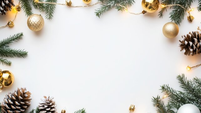 Christmas background with pine branches, golden ornaments, and pine cones creating a festive atmosphere