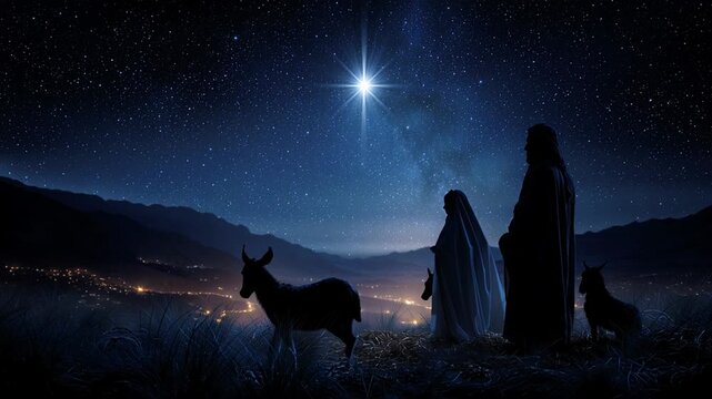 Nativity scene, Christian Christmas concept, Birth of Jesus Christ. Family with holy child in barn in dark blue night.