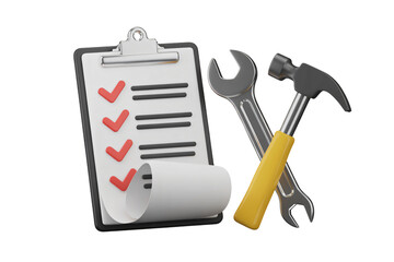 Professional checklist with tools signifies task completion, project management, and successful execution for business success and planning.