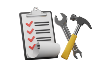 Professional checklist with tools signifies task completion, project management, and successful execution for business success and planning.