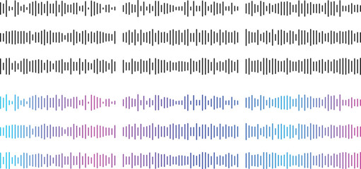 Sound wave icon set. Audio Wave and Music Frequency Symbols. Audio Equalizer and Volume Level Interface. Voice Recording and Live Broadcast Waveform Symbols