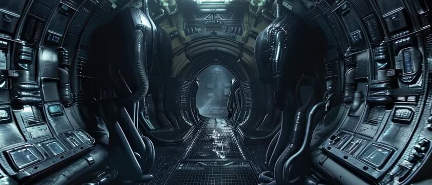 Dark corridor inside alien space base or spaceship, scary gloomy interior of spacecraft, futuristic scene, scifi movie