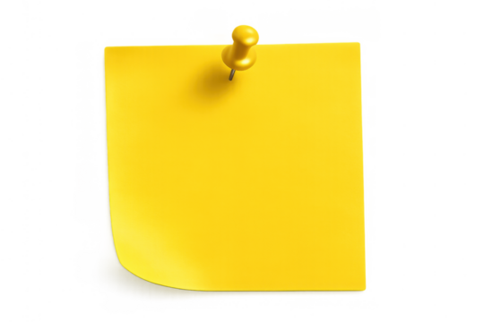 Yellow blank square sticky note paper pinned with a yellow pushpin, leaving space for text, on a transparent background - Powered by Adobe