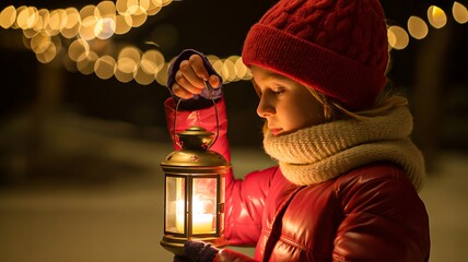 Child holding lantern in winter night with warm christmas lights