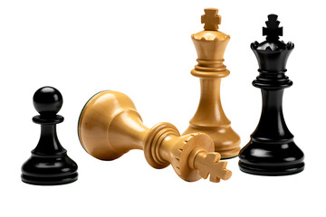 Chess pieces in strategic positions, highlighting victory, defeat, and the game's complexities in a dramatic visual display