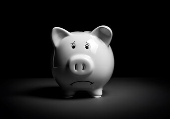 Sad piggy bank on black background symbolizing financial difficulties and economic downturn