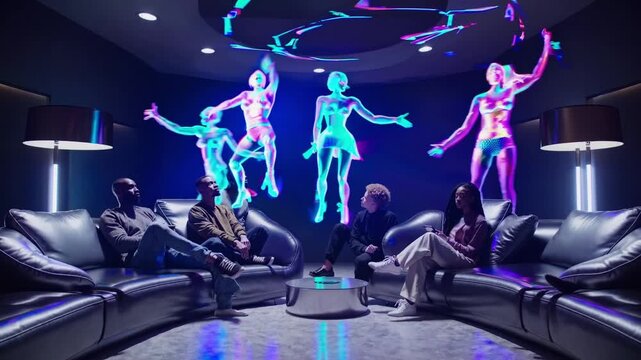 Holographic dancers float above lounge. Evening living room scene with group of friends seated on leather sofas watching vibrant neon holograms of dancers projected above coffee table, colorful