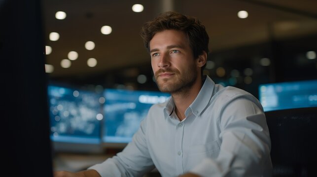 Veteran working remotely as cybersecurity analyst surrounded by glowing monitors — concept of digital defense, remote work, high-tech career transition, and continued service through protecting