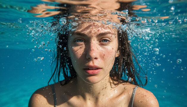 Woman face close up under water
