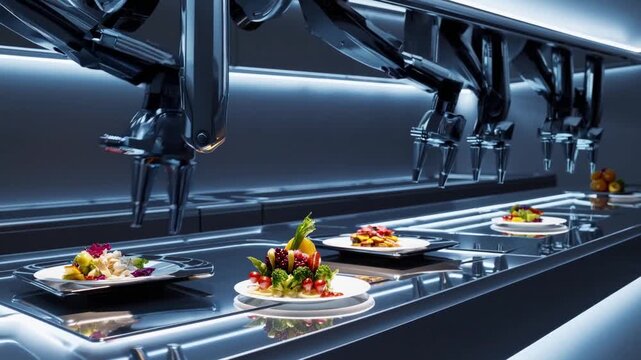 Futuristic robotic kitchen plating gourmet dishes with multiple articulated arms pouring sauce and adding microgreens on illuminated conveyor, stainless steel environment bathed in cool blue light,