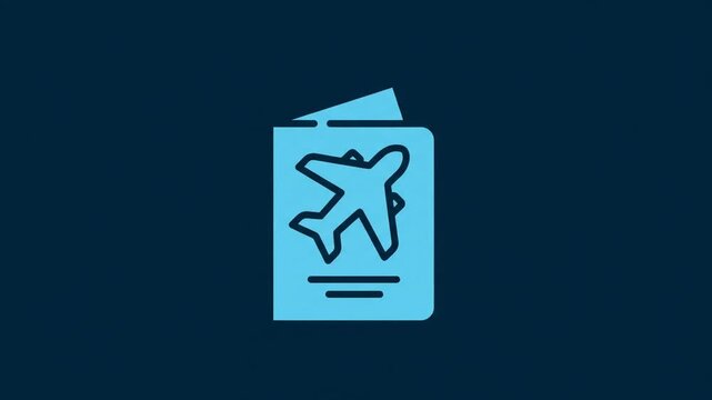 Animated travel ticket icon with airplane on pastel blue background for flight and travel themes