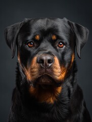 Obraz premium Rottweiler Headshot Showcasing Calm Confidence Against a Clean Background