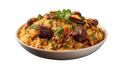 Close up of lamb biriyani served on a large plate isolated on a white background