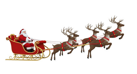 Santa claus sleigh reindeer flying christmas eve holiday on transparent background