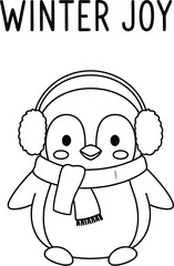 Cute penguin wearing earmuffs and a scarf for winter coloring page activity