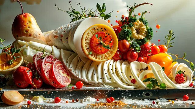 Abundance of fruits vegetables and cheese shaping a surreal cornucopia.