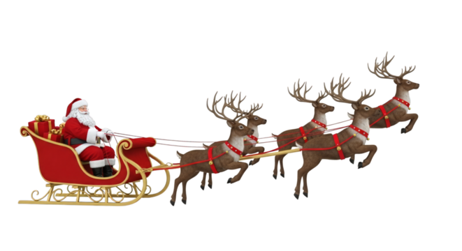 Santa claus sleigh reindeer flying christmas eve holiday on transparent background