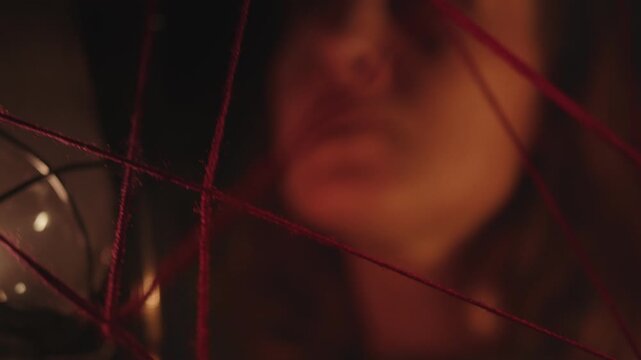 A woman looks at a chaotic interweaving of red threads in the dark and her face is illuminated by the flickering flame of a kerosene lamp