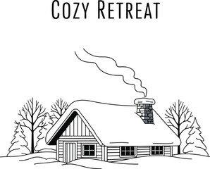 Cozy cabin retreat in winter with snow covered roof and smoke coming from chimney