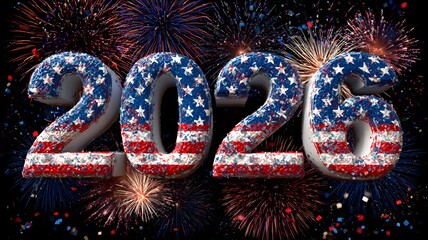 new year 2026. 2026 Celebration with American Flag Numbers and Fireworks