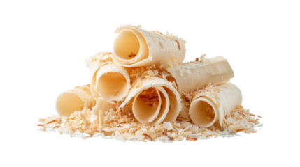 Coconut shavings, curls or rolled up slices of kernel meat isolated on a white background