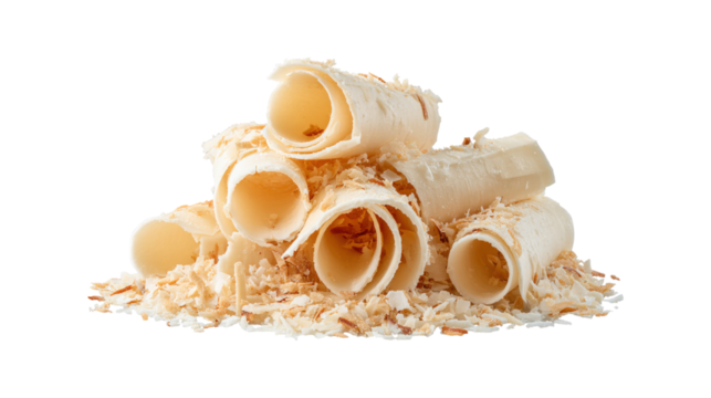 Coconut shavings, curls or rolled up slices of kernel meat isolated on a white background