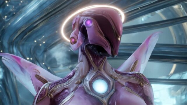 Futuristic being in an advanced alien environment, with otherworldly design and ethereal presence