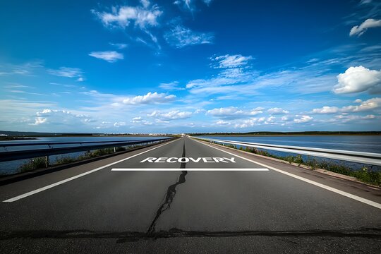 Long Road to Recovery Under Blue Sky with Water on Both Sides Symbolizing Hope Healing Progress and a Peaceful Journey Toward a Better Future