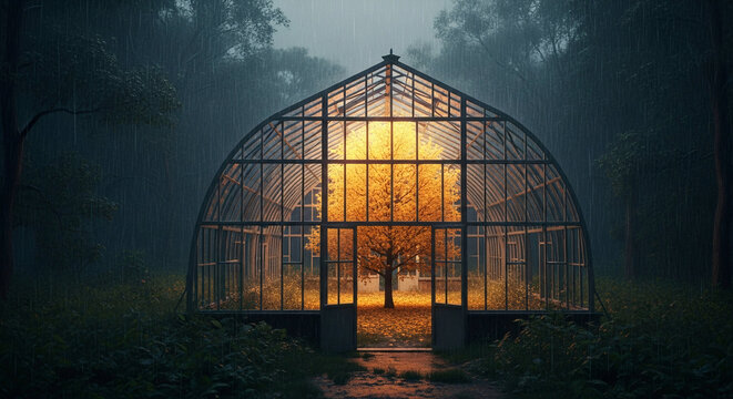 Enchanted Greenhouse: Luminous Tree in a Misty Rainy Forest