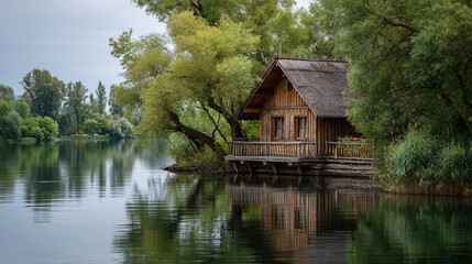 Obraz premium A wooden cabin on a lake surrounded by trees with reflections in the calm water on a cloudy day