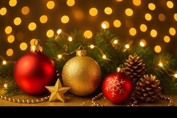 Christmas ornaments and pine branches with golden lights