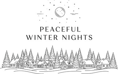 Minimalist winter village scene with trees and houses under a starry night sky