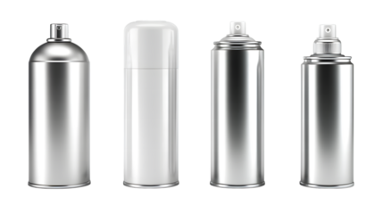 Various aerosol spray cans in silver and white color