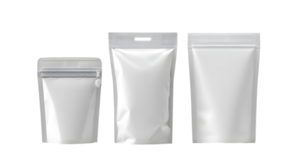 Various sizes of blank stand up pouches on a black background