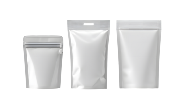 Various sizes of blank stand up pouches on a black background - Powered by Adobe